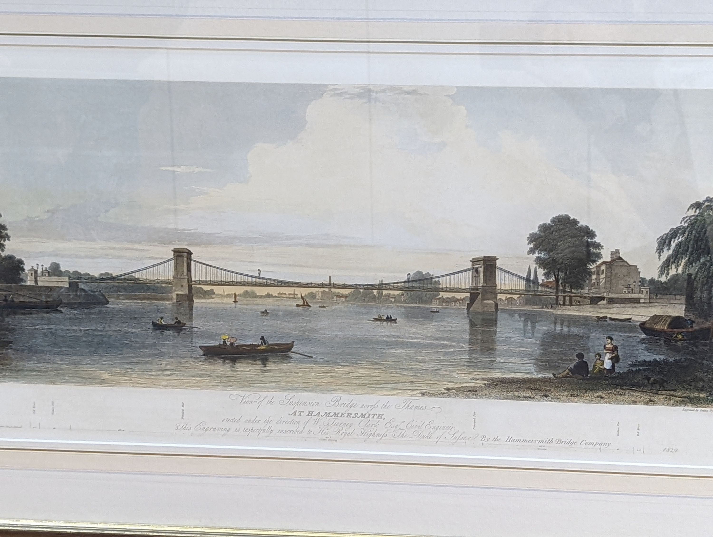 Letitia Byrne, coloured engraving, View of the Suspension Bridge across The Thames at Hammersmith, 36 x 75cm and a lithograph by Richard Sitter of St Peter's Hospital, Wandsworth, 28 x 50cm